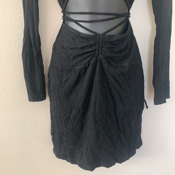 Princess Polly Noa Black Long Sleeve Ribbed Cut Out Criss Cross Tie Mini Dress - Picture 5 of 11